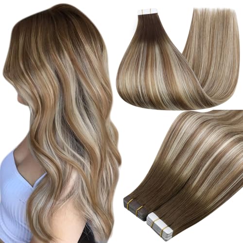 Full Shine Balayage Tape in Hair Extensions 24Inch Tape in Extensions 3/8/22 Brown to Ash Brown Mix Light Blonde Human Hair Double Sided Tapes ins 20Pcs 50G Straight Seamless Skin Weft Add length
