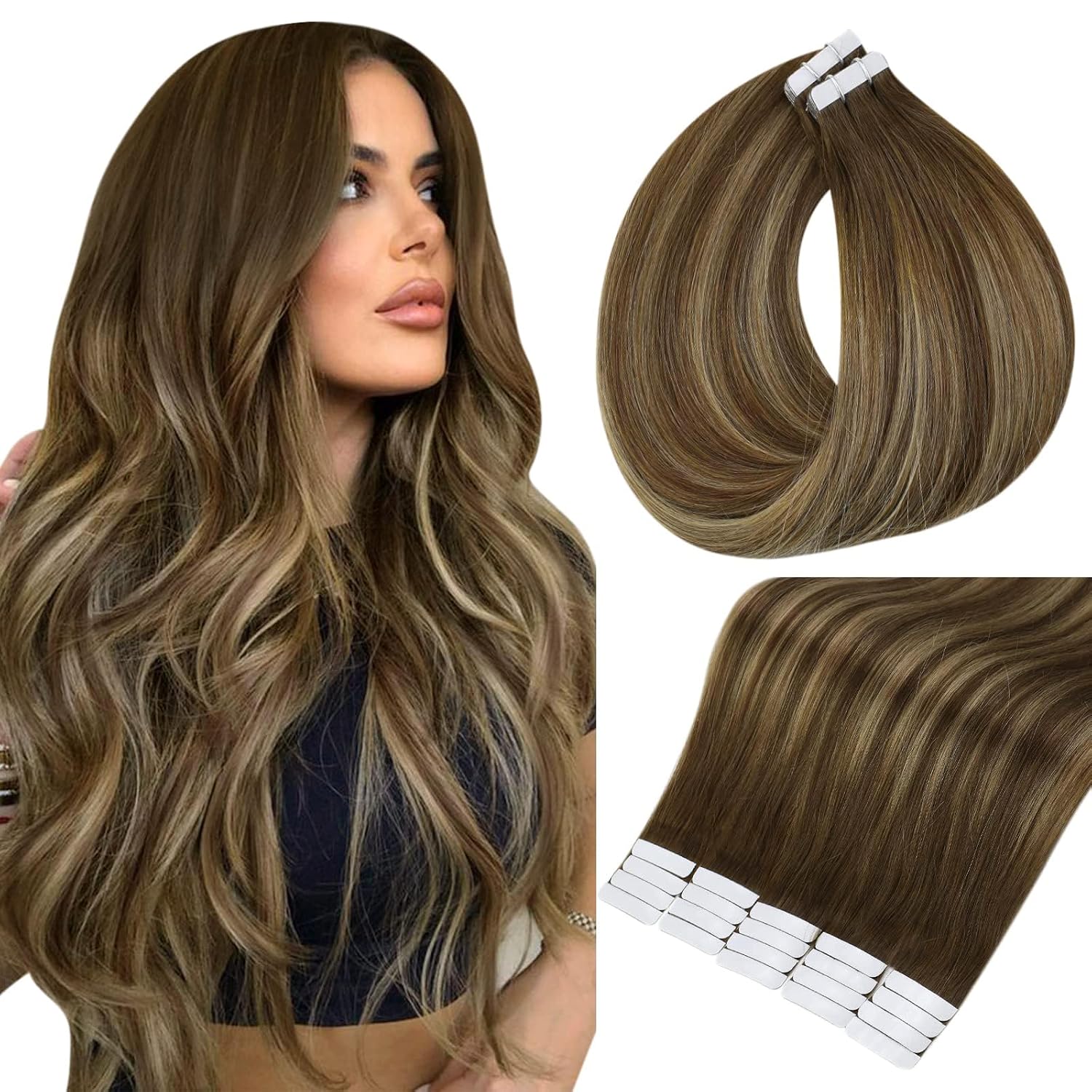 Full Shine 22Inch Tape in Hair Extensions Color 4 Brown Ombre 24 Blonde and 4 Seamless Hair Extensions Tape in Glue in Hair Extensions Skin Weft Tape in Hair Extensions Human Hair 50G 20Pcs for Women