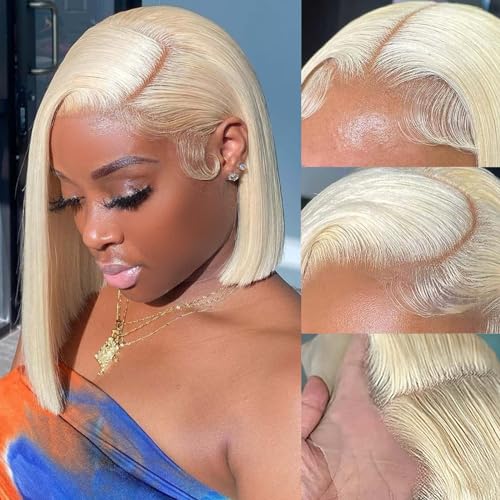 Bob Wig Human Hair 13x4 HD Lace Frontal Short Straight Lace Front Bob Wigs for Black Women Human Hair Pre Plucked Glueless Side Part 180% Density 613 Blonde Color 12 Inch