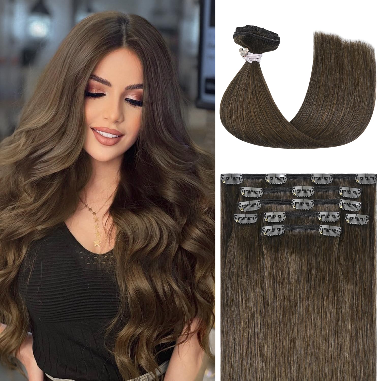 Honsoo Hair Extensions Clip In Human Hair Extensions Medium Brown 70g 20in 7pcs Natural Soft Hair, Can Be Styled Long Straight Hair