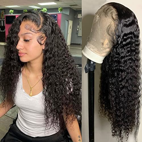 Deep Wave Lace Front Wigs Human Hair 180% Density Curly Lace Front Wig Human Hair Wet and Wavy Wig 13x4 HD Lace Frontal Wigs 16 Inch Glueless Curly Wigs for Women Pre Plucked