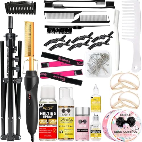 Goiple Wig Stand Tripod Metal Adjustable Mannequin Head Stand with Heater Surface & 52Pcs Hot Comb Set for Cosmetology Hairdressing Training