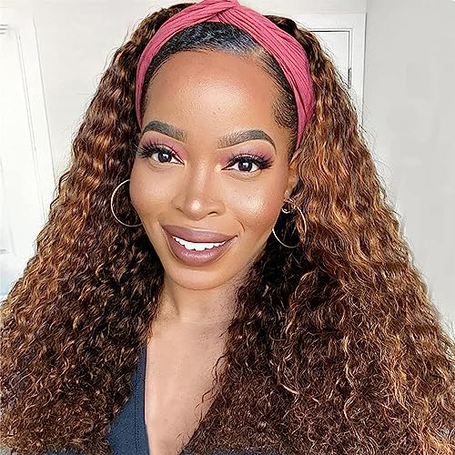 Ombre Headband Wig Human Hair Deep Wave Human Hair Wigs for Black Women Highlight Glueless None Lace Front Machine Made Brazilian Virgin Deep Wave Headband Wig Human Hair 16Inch