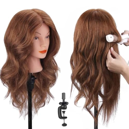 Mannequin Head with 100% Human Hair, SZCY LLC 18" Dark Brown Real Hair Cosmetology Mannequin Head Hair Styling Hairdressing Practice Training Doll Heads with Clamp Holder and Tools
