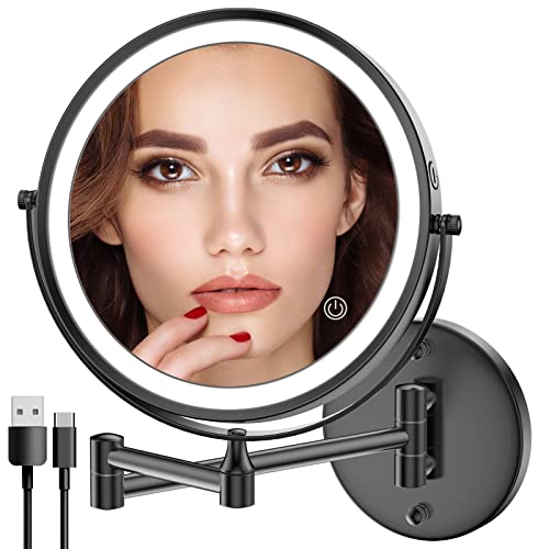 Rocollos Rechargeable Wall Mounted Lighted Makeup Mirror, 8 Inch Double-Sided LED Vanity Mirror 1X/10X Magnification,3 Color Lights Touch Screen Dimmable 360Swivel 13 Inch Extendable
