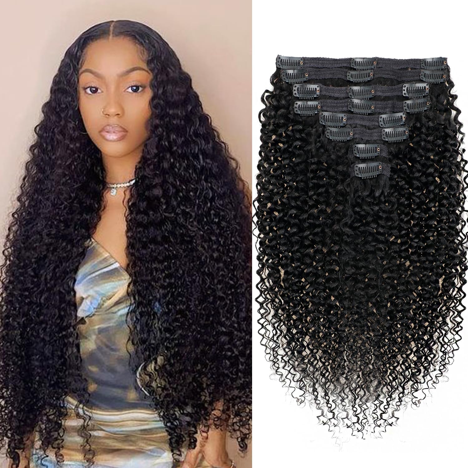 3C 4A Kinky Curly Human Hair Clip in Hair Extensions for Black Women 100% Unprocessed Full Head Brazilian Virgin Hair Natural Black Color,8/Pcs with 18Clips,120 Gram (26inch,Kinky Curly)