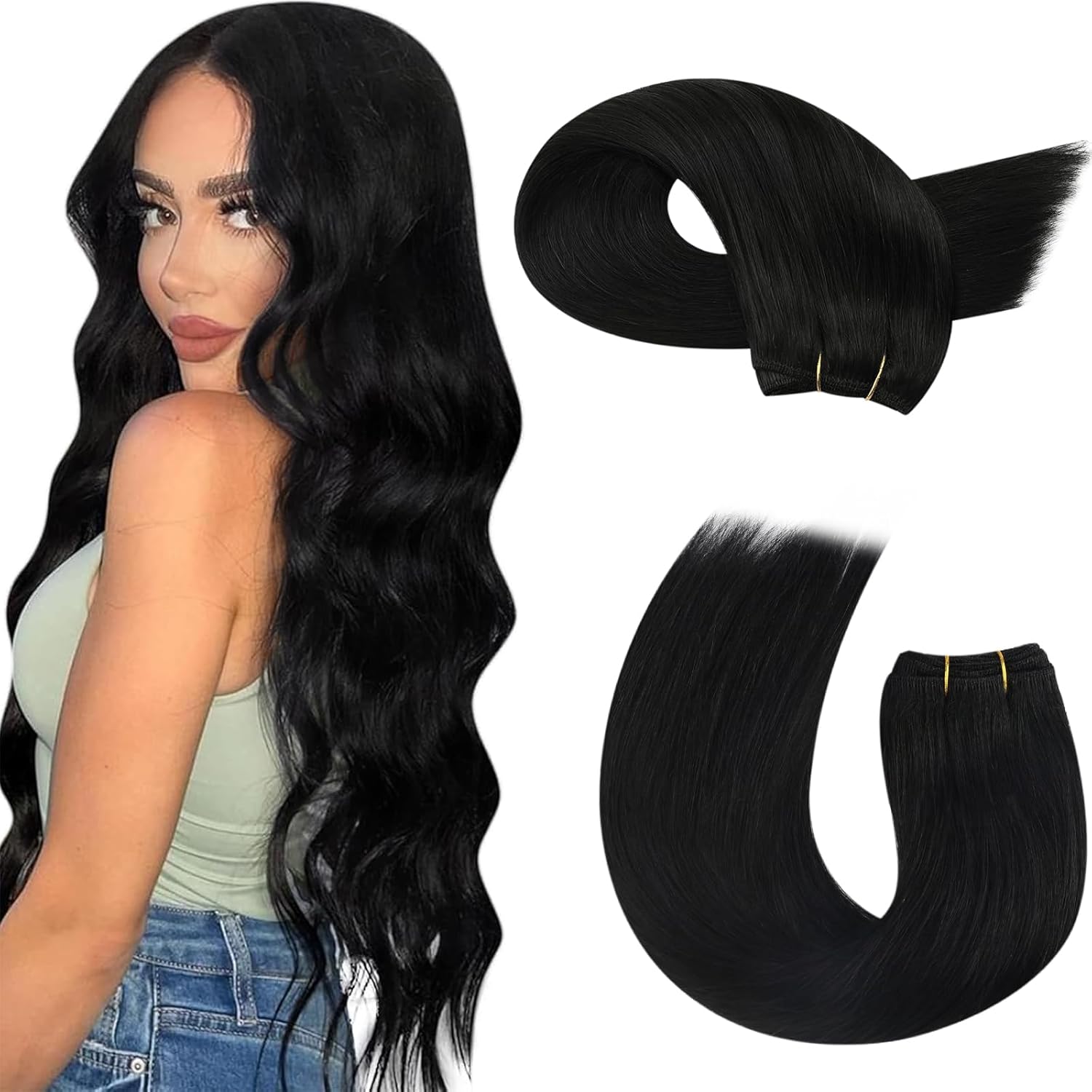 Moresoo Weft Extensions Human Hair Black Remy Sew in Hair Extensions Real Human Hair Jet Black Double Weft Sew in Human Hair Extensions Black #1 100G 16 Inch