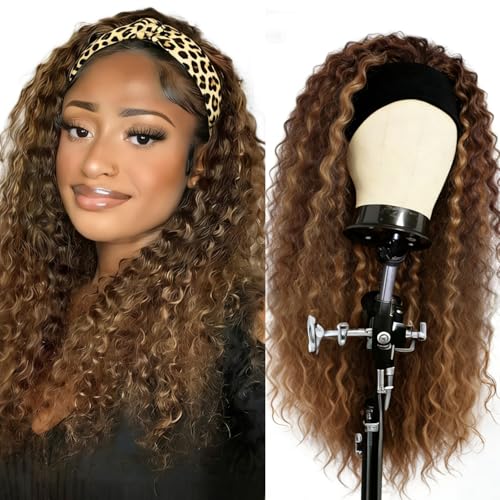 XSY Headband Wig Human Hair Ombre Highlight Curly Human Hair Wigs 16 Inch Headband Wigs for Black Women None Lace Front Wigs 150% Density 4/27 Highglight Wig
