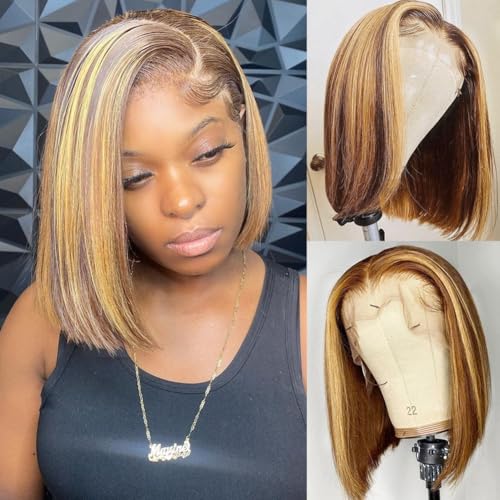 Bob Wig Human Hair 13x4 HD Lace Frontal Short Straight Lace Front Bob Wigs for Black Women Human Hair Pre Plucked Glueless Side Part 180% Density Ombre Highlight 4/27 12 Inch
