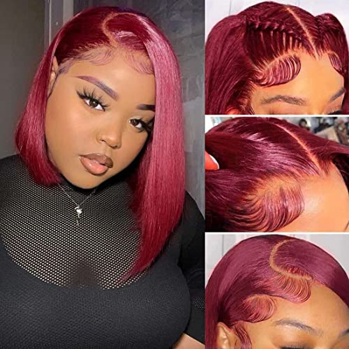 Bob Wig Human Hair 13x4 HD Lace Frontal Short Straight Lace Front Bob Wigs for Black Women Human Hair Pre Plucked Glueless Side Part 180% Density Wine Red 99J Burgundy Color 12 Inch