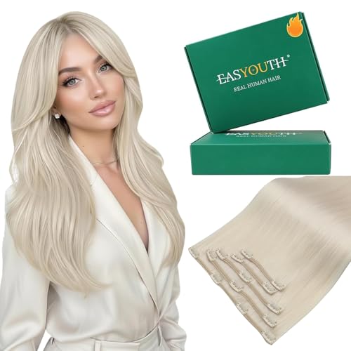 Easyouth Blonde Clip in Hair Extensions Blonde Straight Hair Extensions Clip ins White Blonde Seamlessly Clips in Extension Real Human Hair for Women 16 Inch 80G 5Pcs