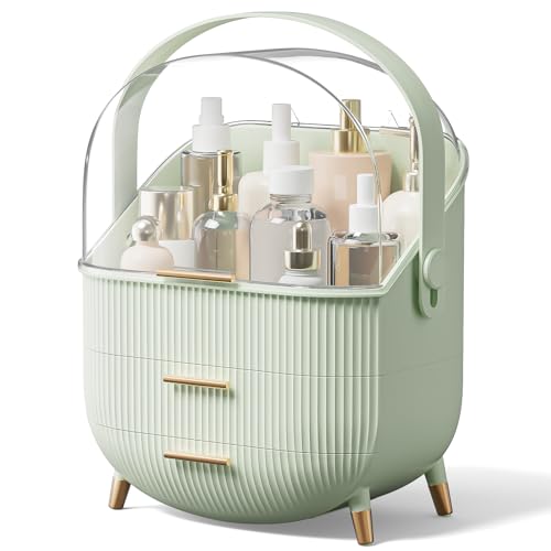 Makeup Organizers, Make Up Organizer for Vanity, Countertop Cosmetic Storage with Drawers and Transparent Cover for Bedroom Bathroom, Light Green