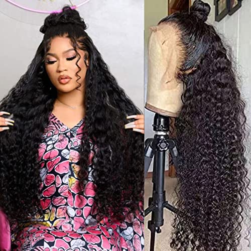 13x4 Lace Front Wigs Human Hair Pre Plucked 180 Density Brazilian Wet and Wavy Human Hair Wigs for Black Women Glueless Curly Lace Frontal Wig Natural Color (34 Inches)
