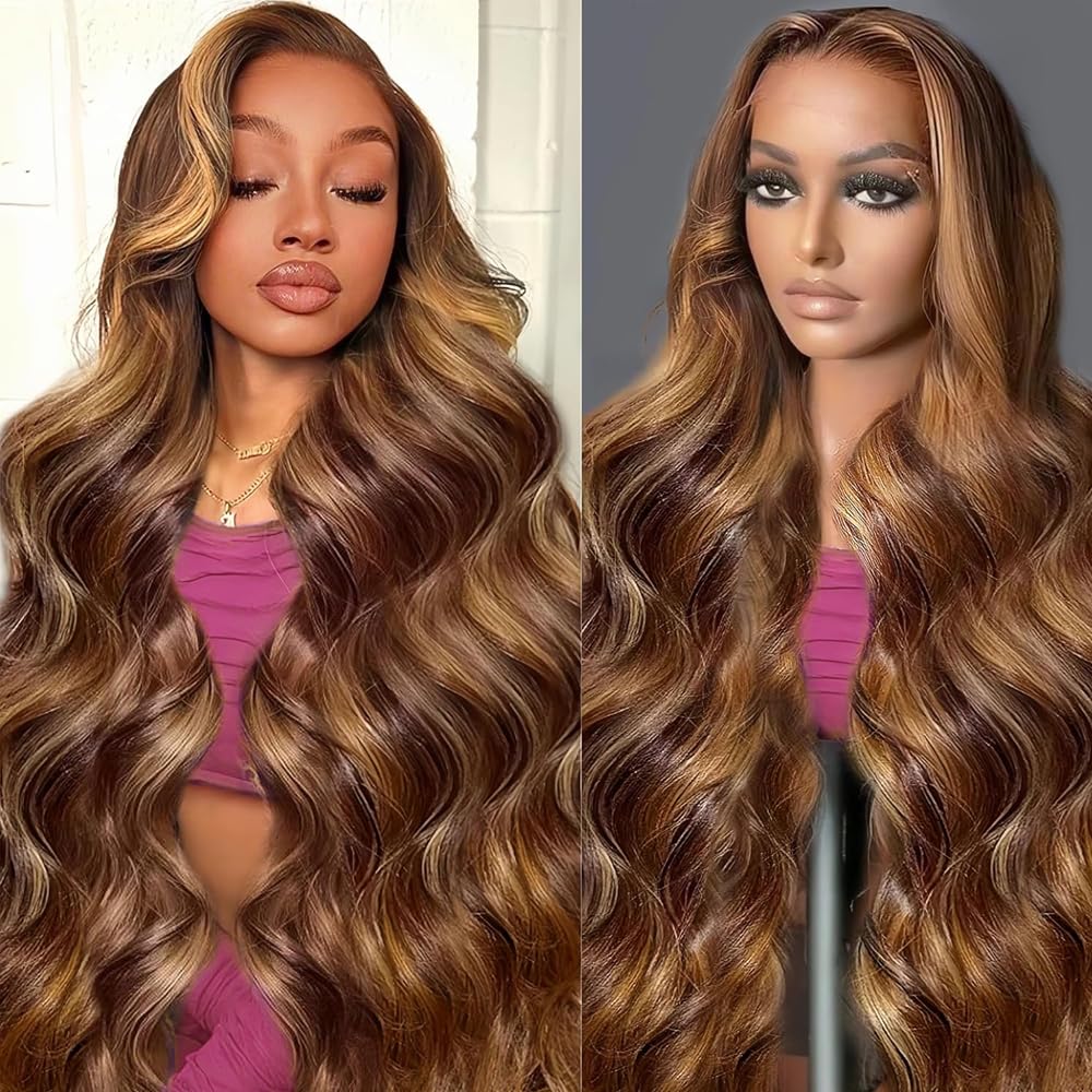28 Inch Highlight Ombre Lace Front Wig Human Hair Pre Plucked Body Wave Frontal Wigs 180% Density 4/27 Colored 13x4 Honey Blonde Lace Front Wig Human Hair for Women