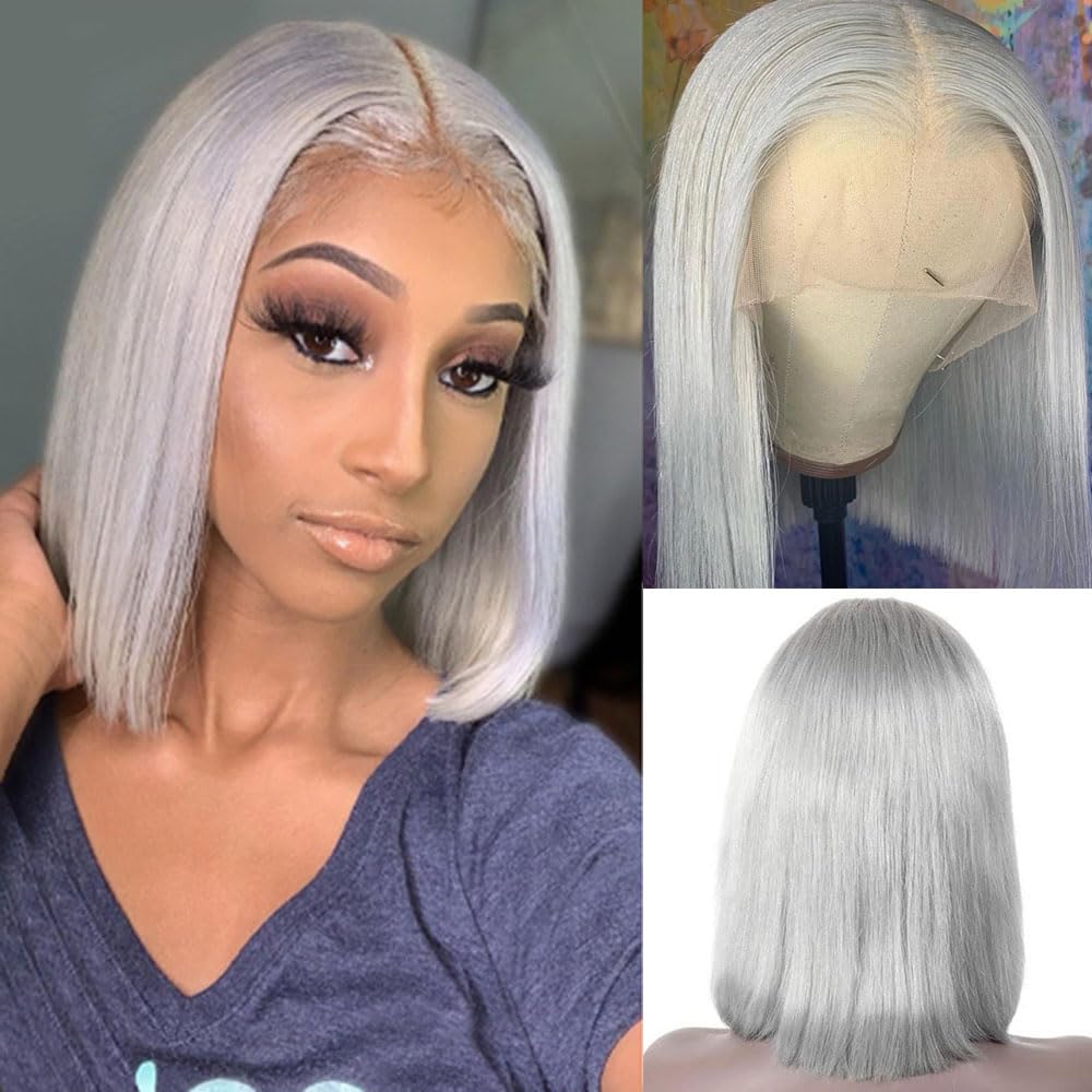 Grey Bob Wigs Human Hair 13x4 Lace Frontal