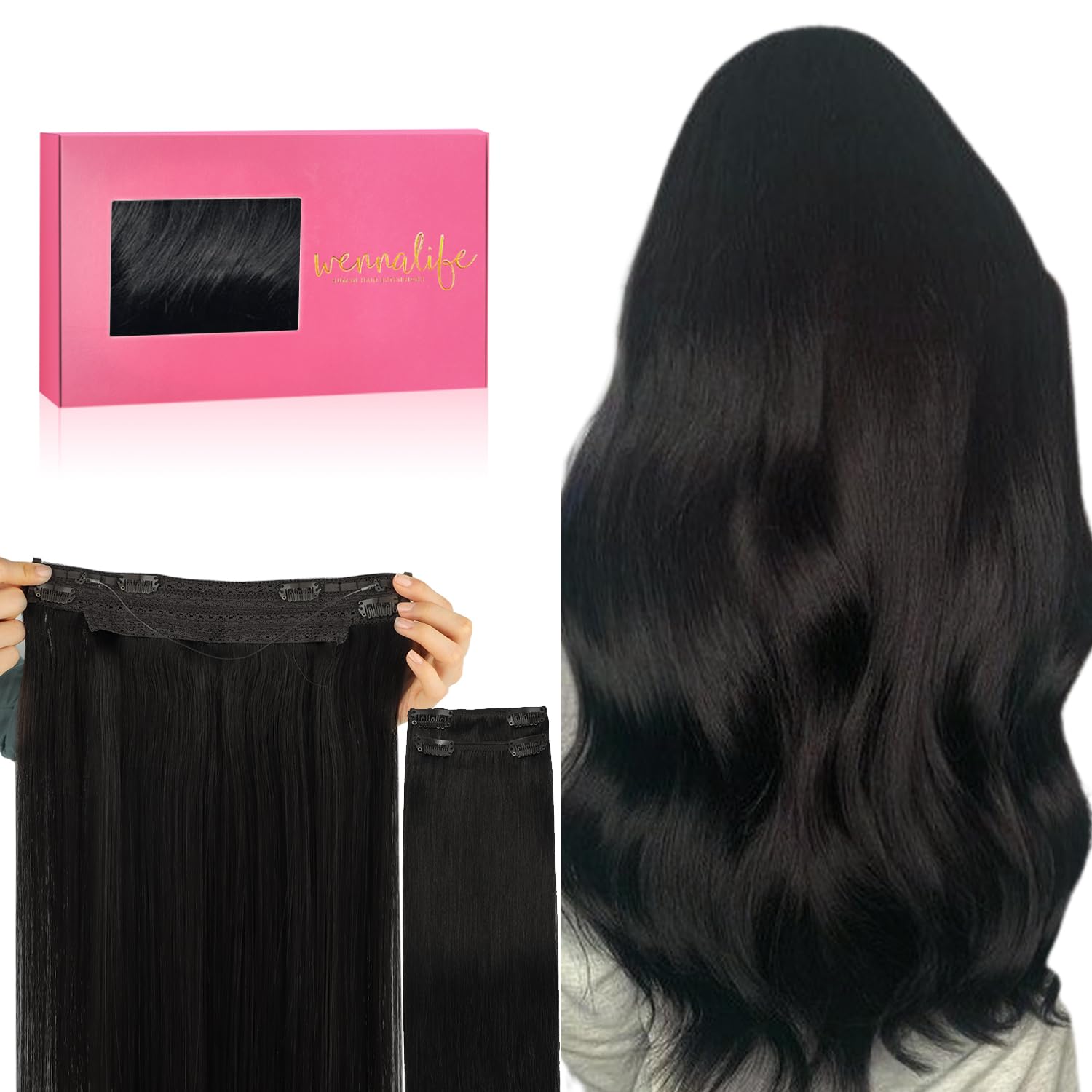 WENNALIFE Wire Hair Extensions (Increase 50% Lifespan) Real Human Hair 14 inch 105g Natural Black Remy Hair Invisible Transparent Wire Fish Line Straight Reusable Natural