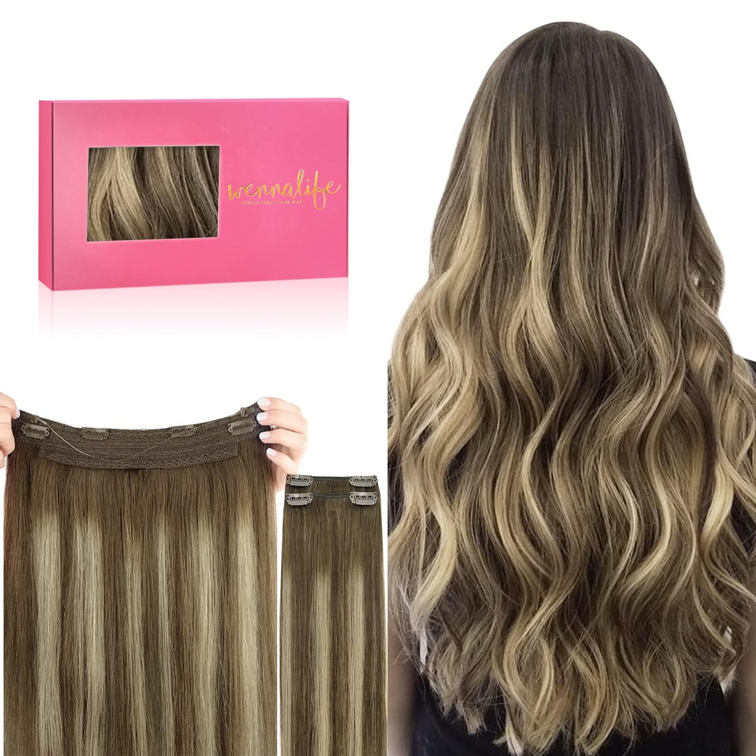 WENNALIFE Wire Hair Extensions Real Human Hair 14 inch 105g Balayage