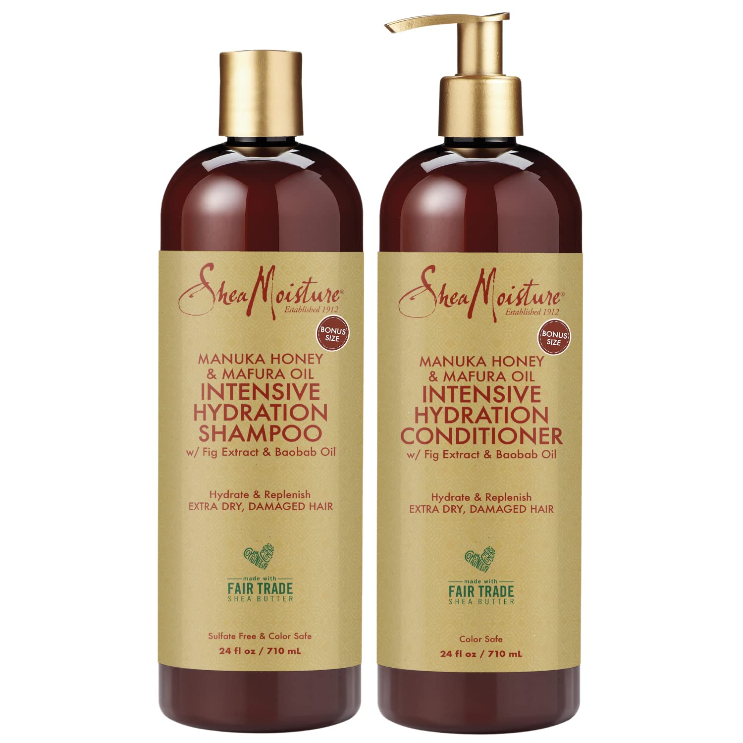 Shea Moisture Shampoo & Conditioner Set  Intensive Hydration Hair Care Formulas with Manuka Honey & Mafura Oil for Extra Dry, Damaged Hair, 24 Oz Ea