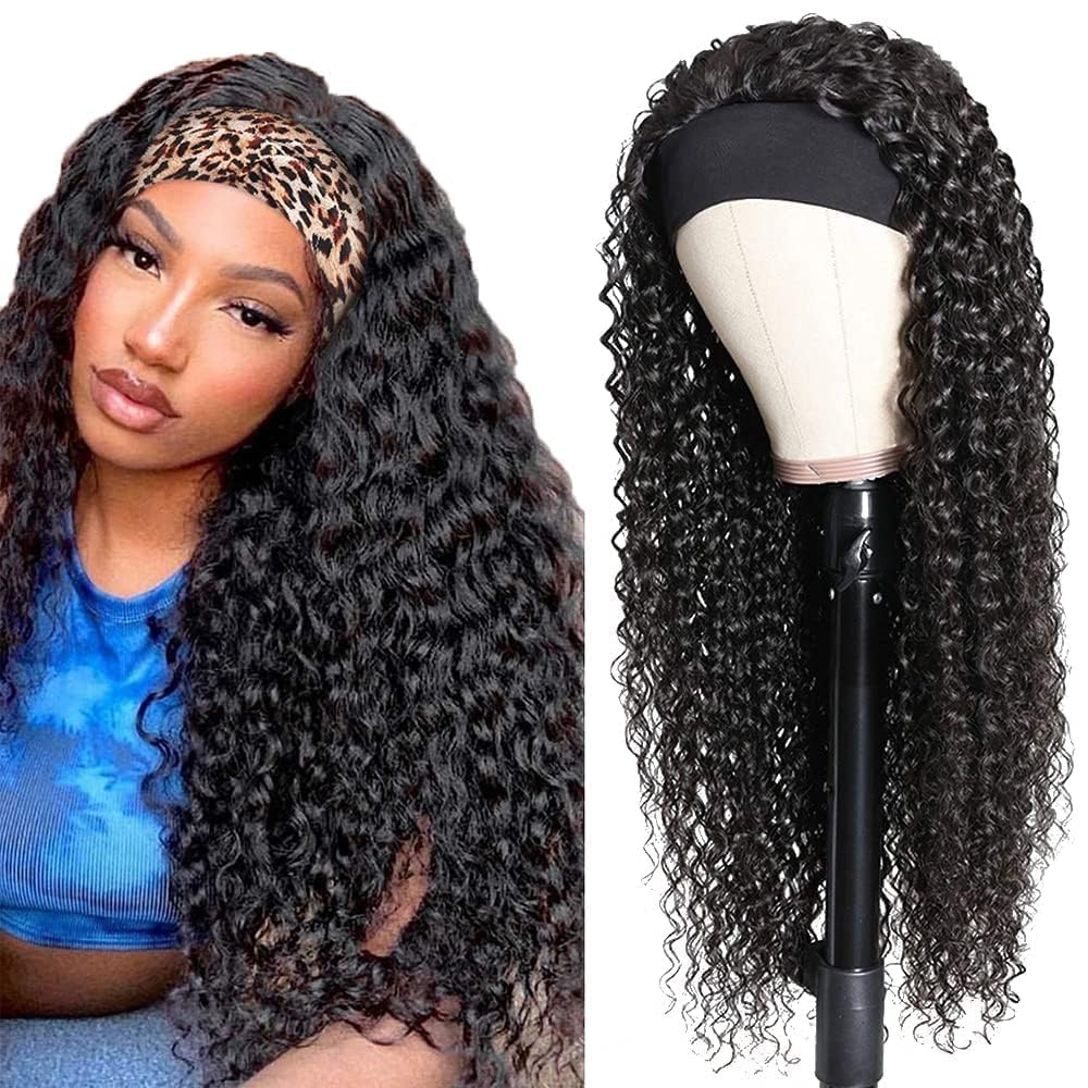 Deep Wave Headband Wig Human Hair Curly Headband Wigs for Black Women Human Hair 20 Inch Glueless None Lace Front Wig Brazilian Virgin Hair Wear and Go Wigs 150% Density Natural Black Color