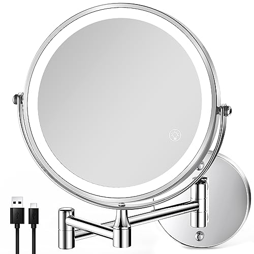8.5 Inch Rechargeable Wall Mounted Lighted Makeup Mirror, Double-Sided 1X/10X LED Magnifying Vanity Mirror with Lights, 3 Color Lights Touch Screen Dimmable 360Swivel 18 Inch Extendable - Chrome