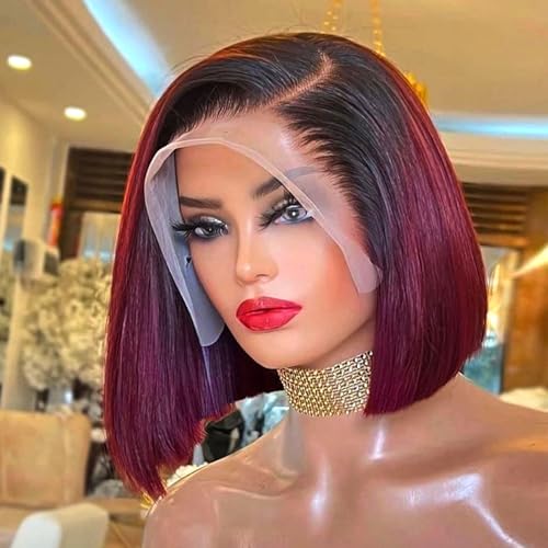 Bob Wig Human Hair 13x4 HD Lace Frontal Short Straight Lace Front Bob Wigs for Black Women Human Hair Pre Plucked Glueless Side Part 180% Density Ombre 99J Burgundy Color 1B/99J 12 Inch