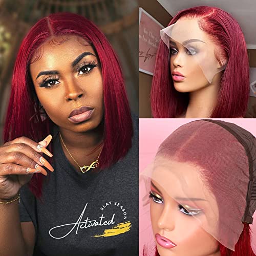 Bob Wig Human Hair 13x4 HD Lace Frontal Short Straight Lace Front Bob Wigs for Black Women Human Hair Pre Plucked Glueless Side Part 180% Density Wine Red 99J Burgundy Color 14 Inch