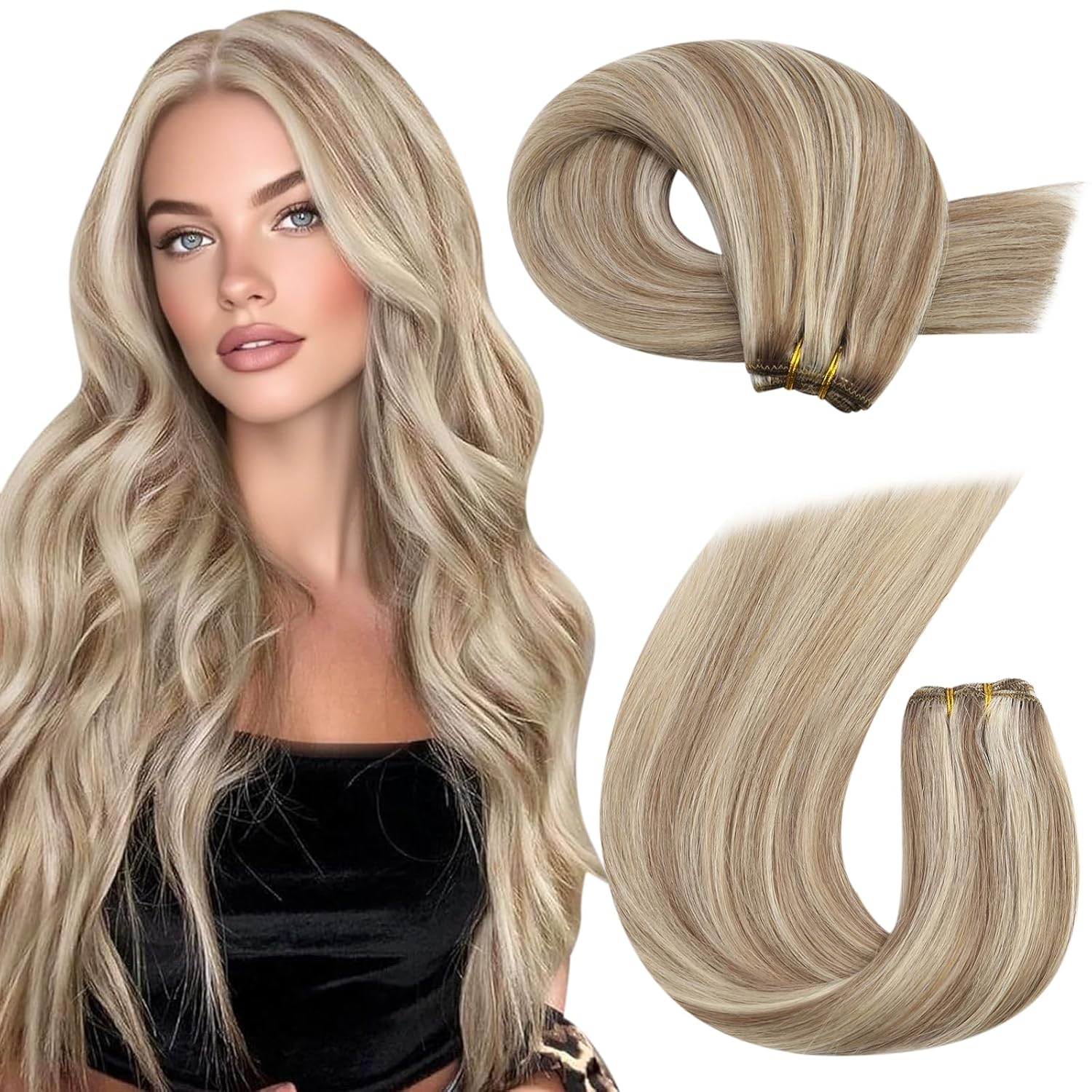 Moresoo Weft Hair Extensions Human Hair Light Brown with Blonde Hair Wefts Human Hair Sew in Extensions Blonde Highlight Sew in Hair Extensions Real Human Hair 100G 20 Inch