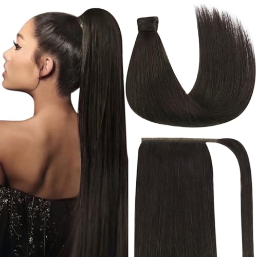 Ve Sunny Ponytail Extension Real Human Hair for Women Clip in Ponytail Hair Extension Straight Hair Pieces Wrap Around Darkest Brown 18inch 80G
