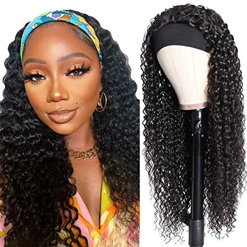 Deep Wave Headband Wig Human Hair 18 Inch Curly Headband Wigs for Black Women Human Hair Glueless None Lace Front Wigs Brazilian Virgin Hair Wig Machine Made 150% Density Natural Black Color
