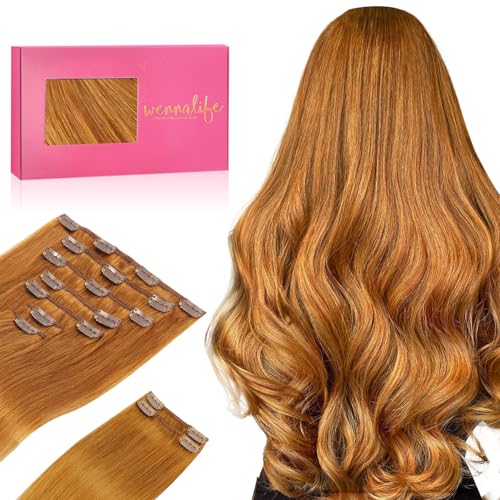 WENNALIFE Clip in Hair Extensions Real Human Hair, 24 Inch 150g 9pcs Human Hair Extensions Clip In, Auburn Ginger Hair Extensions Clip In Real Hair Coloured Remy Human Hair Extensions