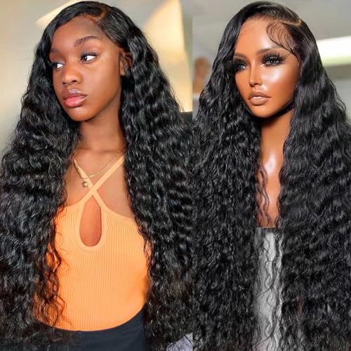FIRIEYA 13x4 Deep Wave Lace Front Wigs Human Hair 180% Density Glueless HD Transparent Lace Frontal Human Hair Wigs Pre-Plucked Natural Color (28inch, Natural Black)