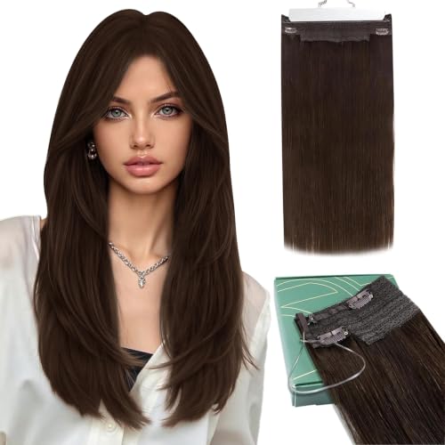 Ugeat Invisible Wire Hair Extensions Real Human Hair #4 Chocolate Brown Human Hair Wire Extensions Brown for Short 16 inch 80g One Hairpiece with 4 Clips Transparent Fish Line