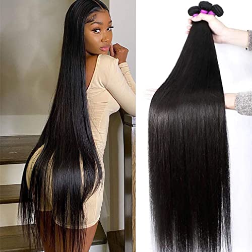 Younsolo Straight Bundles Human Hair 3 Bundles 20 22 24 Inches Straight Hair Bundles 12A Brazilian Virgin Hair Extensions for Women Double Weft Natural Black Color Bundles