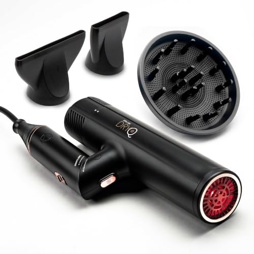 SRILabs DryQ Smart Hair Dryer - Super Lightweight, Foldable - Powerful, Quiet Motor - Infrared and Ionic Technology - 3 Magnetic Attachments - Heat Control with Locking Switch