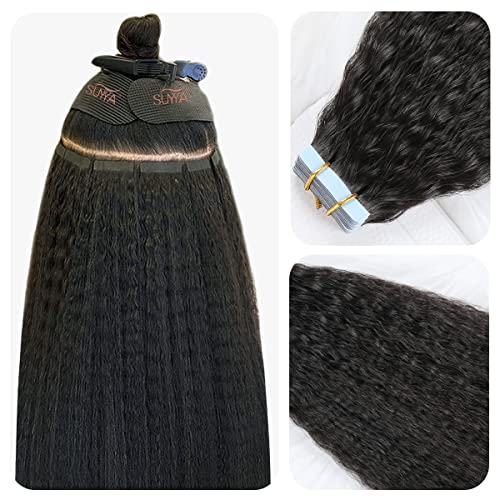 SUYYA Kinky Straight Tape in Extensions Natural Black Tape in Hair Extensions Human Hair Kinky Straight 18 Inch Skin Weft 50g/Pack 20PCS Tape INS for Women(#1B Natural Black)
