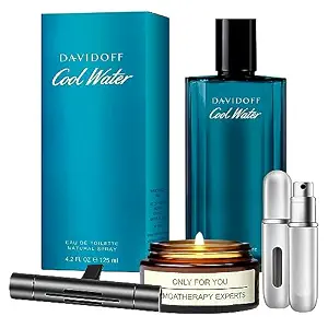 Cool Water for Men, 4.2 oz. Cologne Bottle EDT Spray - Gift Set Pack With Lavender Soy Candle, Car Air Fresheners, and Empty Travel Perfume Atomizer
