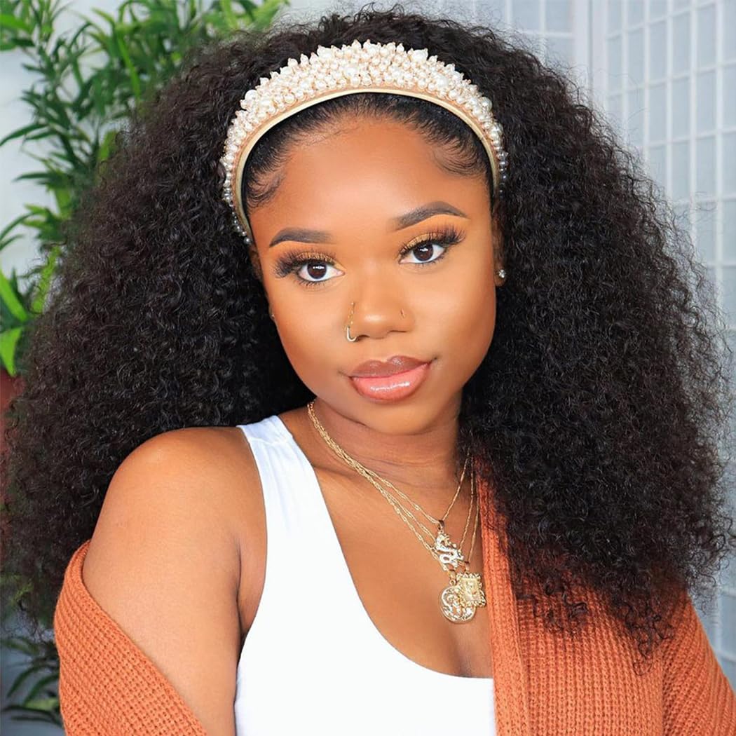 Smoothair Headband Wig Human Hair Kinky Curly Headband Wigs for Black Women Human Hair Wigs Glueless 18 Inch None Lace Front Wigs Brazilian 150% Density