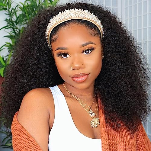 Smoothair Headband Wig Human Hair Kinky Curly Headband Wigs for Black Women Human Hair Wigs Glueless 20 Inch None Lace Front Wigs 150% Density (No Mixed)