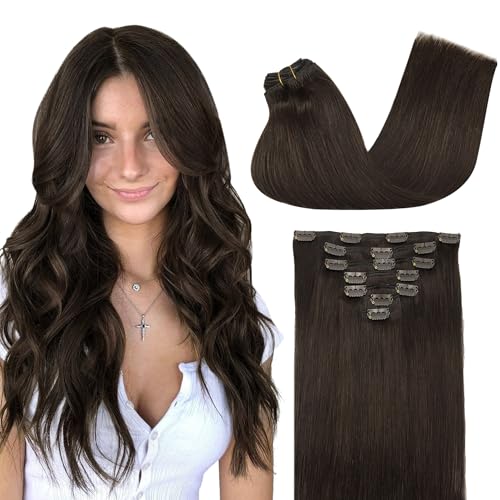 GOO GOO Clip in Hair Extensions Real Human Hair, Remy Human Hair Extensions Clip ins for Women, Natural Human Hair, 12inch 85g 7Pcs, 2A Light Brown