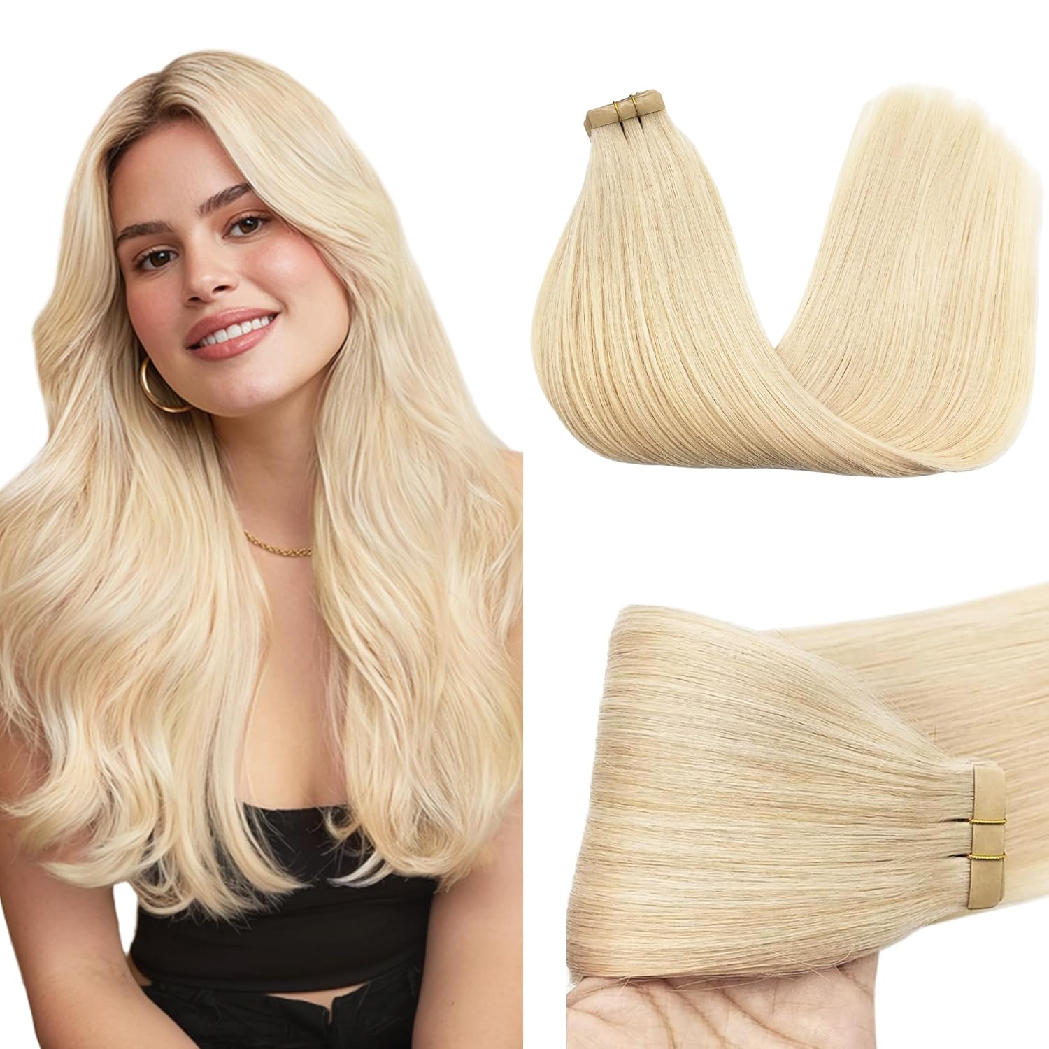 GOO GOO Tape in Hair Extensions Human Hair, 613R Bleach Blonde, 12inch 40g 20pcs, Skin Weft Seamless Invisible, Silky Straight with Thick Ends, Remy Human Hair
