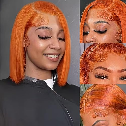 Bob Wig Human Hair 13x4 HD Lace Frontal Short Straight Lace Front Bob Wigs for Black Women Human Hair Pre Plucked Glueless Side Part 180% Density Orange Ginger Color #350 12 Inch