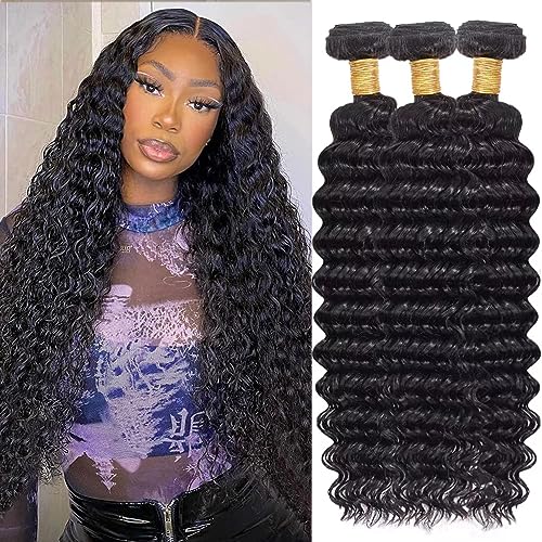 Deep Wave Human Hair Bundles, 20 22 24 Inch, 100% Unprocessed Brazilian Virgin Hair, Deep Curly, Natural Black, Wet And Wavy Bundles - 3 Pack, Style Keep Texture Silky Soft, Hair Extension