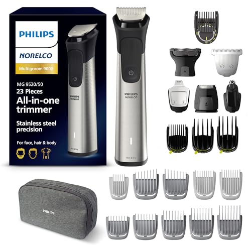 Norelco Philips Multigroom 9000 Series, All-in-One Trimmer, Beard Trimmer and Hair Clipper, 23-Piece Men's Grooming Kit for Beard, Body, Face, Nose, Ear and Intimate Areas, MG9520/50