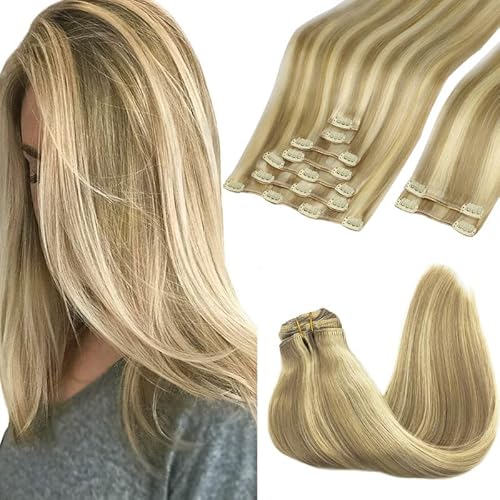 GOO GOO Clip in Hair Extensions Real Human Hair, Remy Human Hair Extensions Clip ins for Women, Natural Human Hair, 16inch 150g 9Pcs, 16/22 Light Blonde Highlighted Golden Blonde