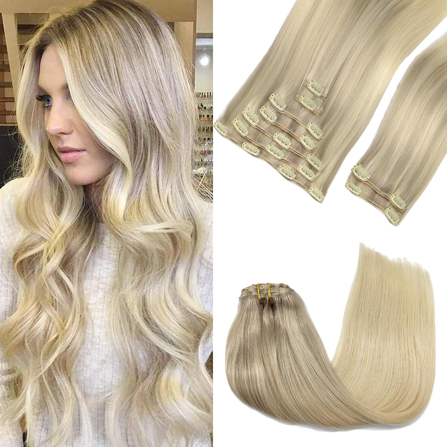 GOO GOO Clip in Hair Extensions - Real Human Remy Hair, Natural, 18in 150g 9Pcs, 17/22/60 Balayage Ash Blonde to Platinum Blonde