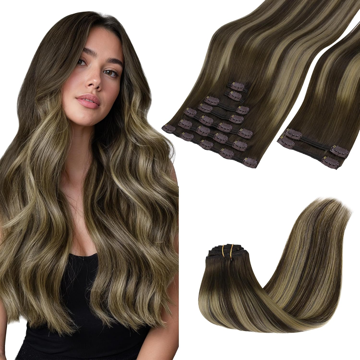 GOO GOO Clip in Hair Extensions Real Human Hair, Remy Human Hair Extensions Clip ins for Women, Natural Human Hair, 20inch 150g 9Pcs, 4/26/4 Balayage Chocolate Brown to Honey Blonde