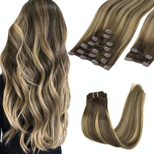 GOO GOO Clip in Hair Extensions Real Human Hair, Remy Human Hair Extensions Clip ins for Women, Natural Human Hair, 18inch 150g 9Pcs, 4/27/4 Balayage Chocolate Brown to Caramel Blonde