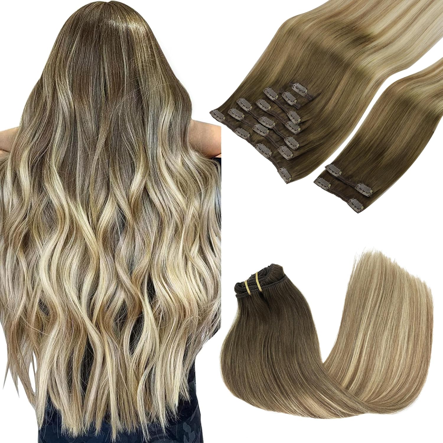 GOO GOO Clip in Hair Extensions Real Human Hair, Remy Human Hair Extensions Clip ins for Women, Natural Human Hair, 22inch 150g 9Pcs, 3/8/613 Balayage Walnut Brown to Ash Brown and Bleach Blonde
