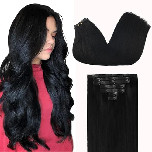GOO GOO Clip in Hair Extensions Real Human Hair, Remy Human Hair Extensions Clip ins for Women, Natural Human Hair, 20inch 110g 7Pcs, 1 Jet black