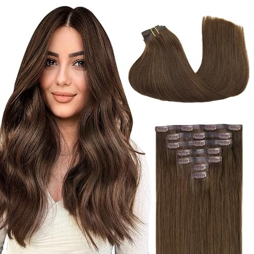 GOO GOO Clip in Hair Extensions Real Human Hair, Remy Human Hair Extensions Clip ins for Women, Natural Human Hair, 22inch 110g 7Pcs, 4A Chocolate Brown